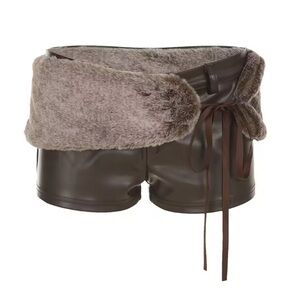 Luxurious Brown Leather Shorts with Faux Fur belt